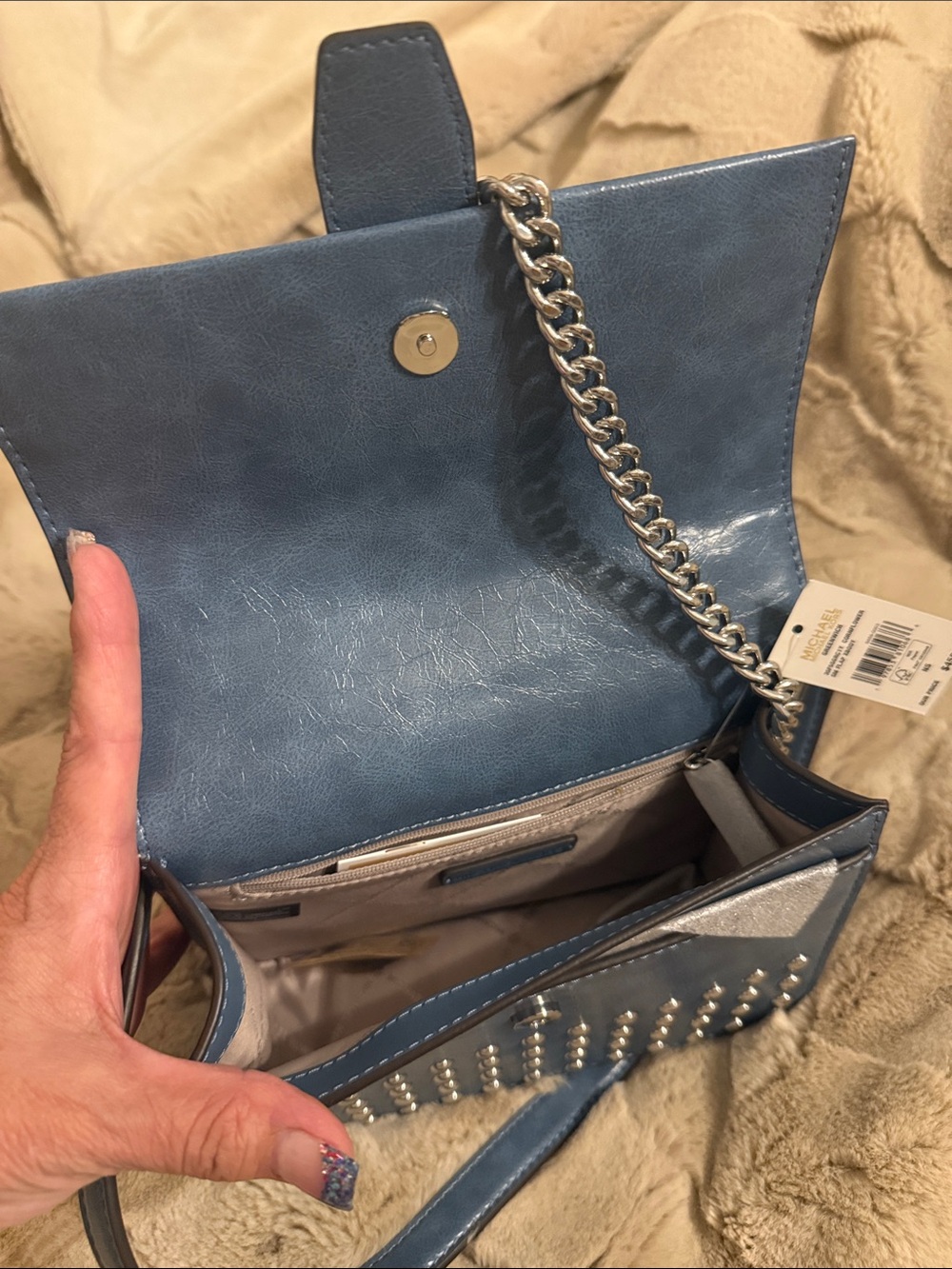 Michael Kors Denim Blue Studded MK Logo Chain Crossbody - Picture 5 of 6